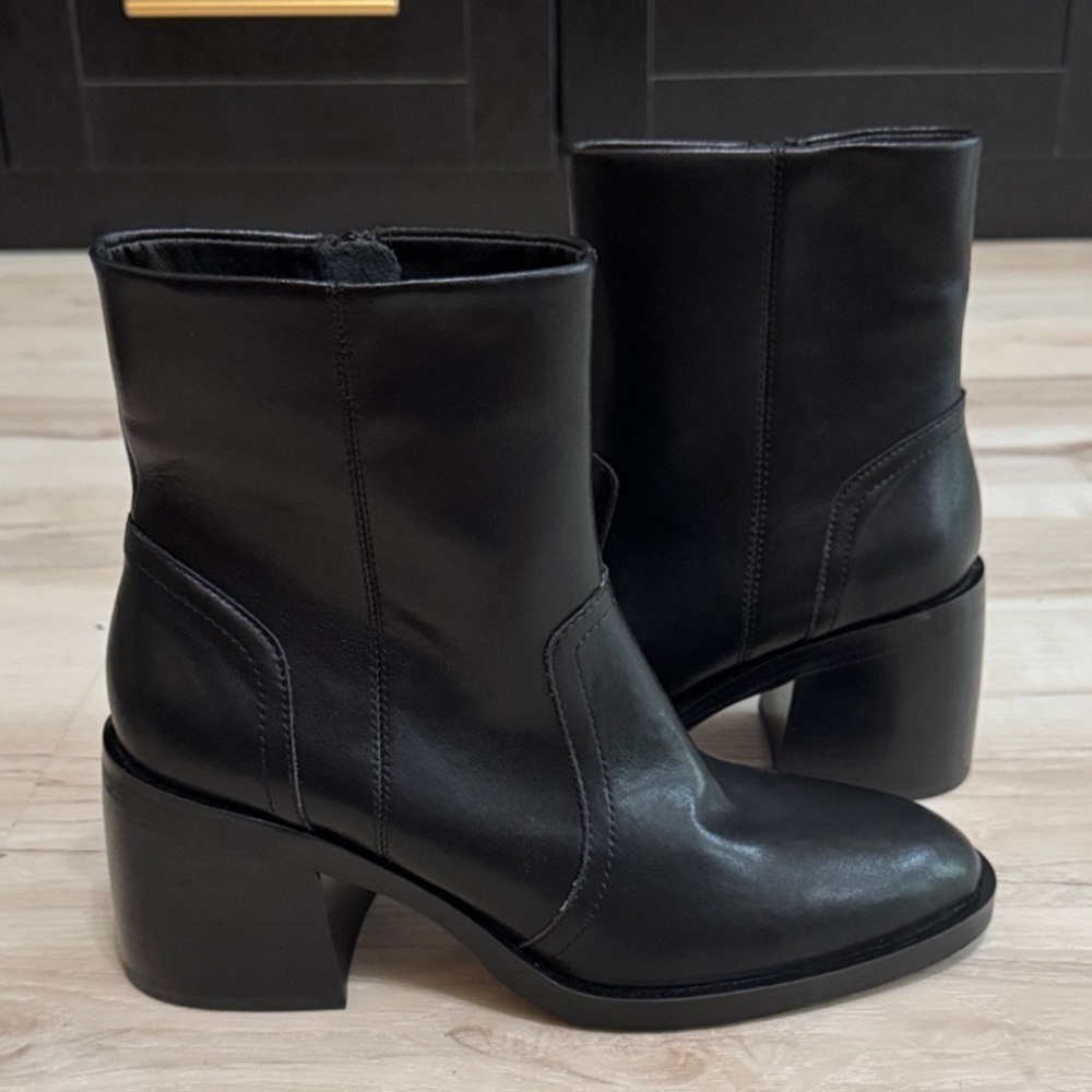 Steve Madden Phillie Black Leather Ankle Boots | 2” Block Heel | Zip Booties - Picture 2 of 8